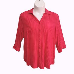 Basic Editions Blouse Womens Sz 2X Coral Button-Up 3/4 Sleeve Crinkled Collared